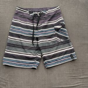 Oakley Board Shorts Mens 34 Striped Swim Trunks Pocket Polyester Black Gray Purp